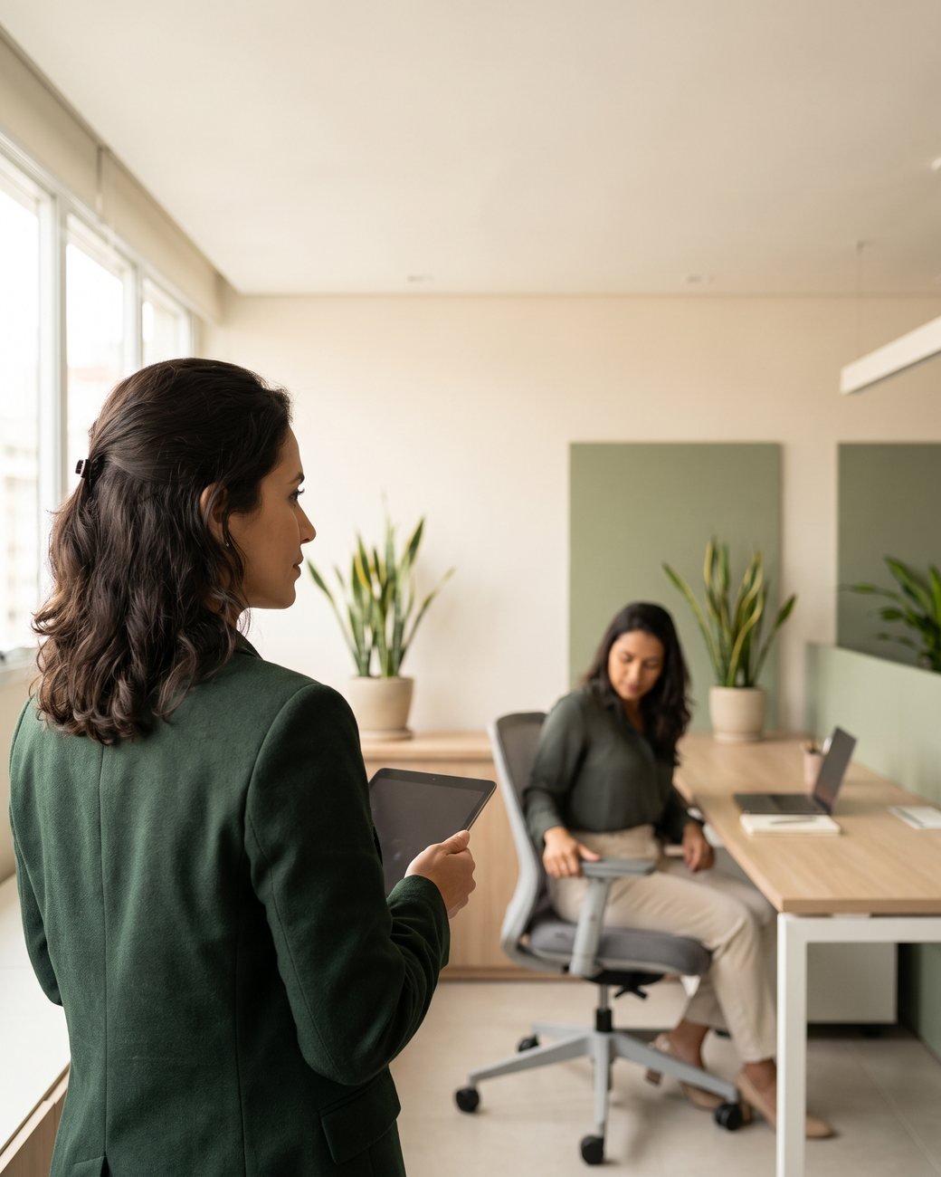 Consultora de ergonomia da NEXA observando uma colaboradora em estação de trabalho durante avaliação em escritório