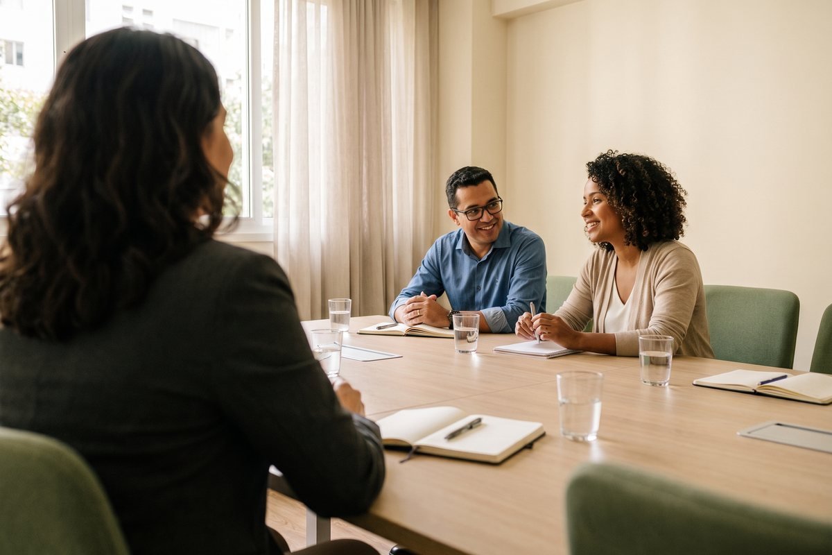Conversa estruturada entre consultora e colaboradores em sala de reunião durante avaliação de fatores de riscos psicossociais